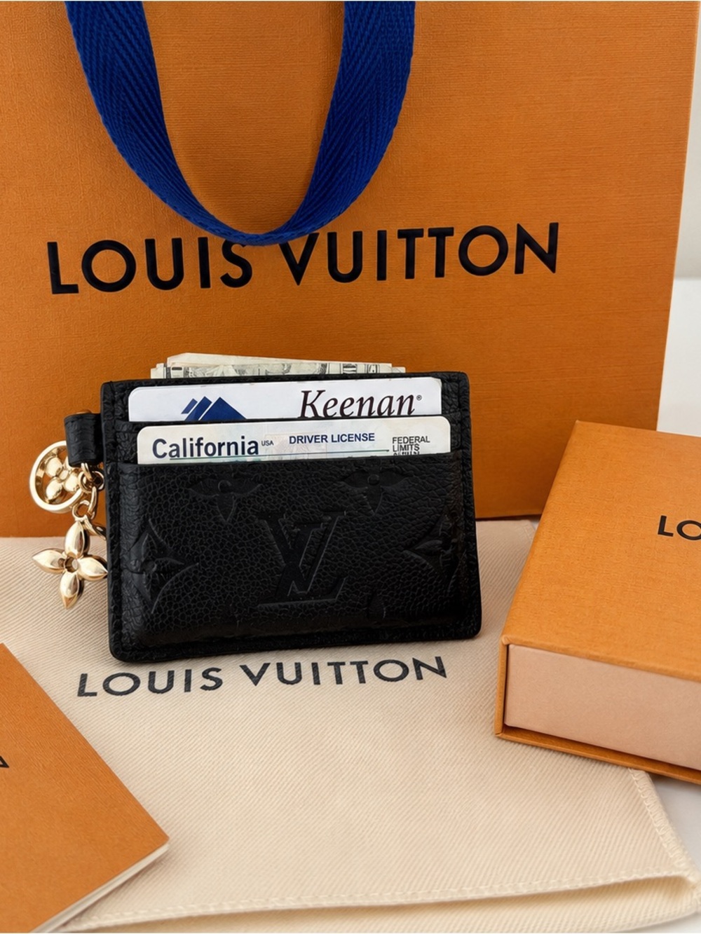 Louis Vuitton Black Monogram Empreinte Card Holder with Gold Charm